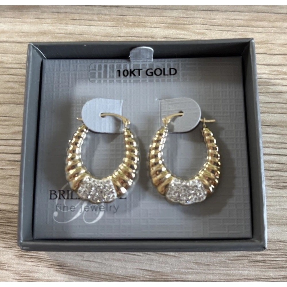 BRILLIANCE FINE JEWELRY Pierced Earrings Oval Hoop Shrimp 10k Gold Crystal New